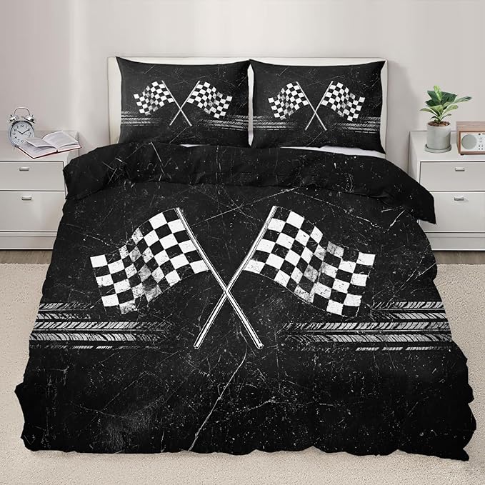 Racing Flag Bedding Set California King Vintage Racing Checkered Flag Duvet Cover Retro Race Track Comforter Cover Race-Themed Teen Bedding Set with Pillowcases for Bedroom