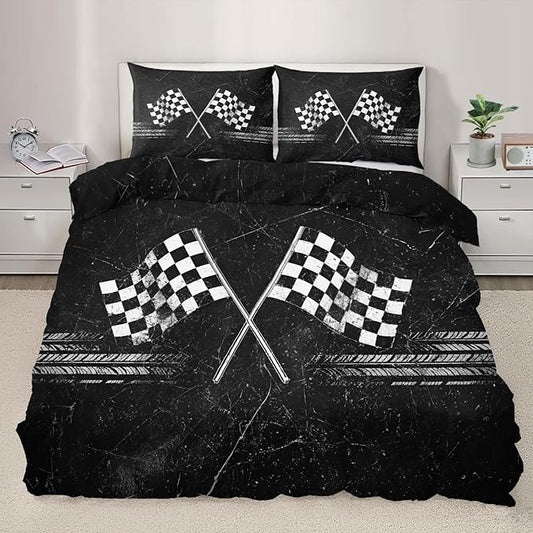 Racing Flag Bedding Set California King Vintage Racing Checkered Flag Duvet Cover Retro Race Track Comforter Cover Race-Themed Teen Bedding Set with Pillowcases for Bedroom