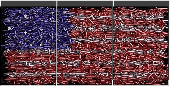 American Flag Wall Decor Bullets USA Flags Red Pictures for Living Room Premium Quality Artwork House Decoration 3 Panel Canvas Patriot Wall Art Framed Ready to Hang Posters and Prints(48''Wx24''H)