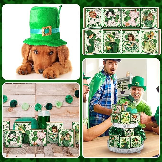 Wenqik 8 Pcs Vintage St. Patrick's Day Decorations Happy St Patrick Table Centerpieces Wooden Retro Table Ornaments St. Patrick's Day Tiered Tray Decor for Irish Home Tabletop Party Supplies, 8 Styles