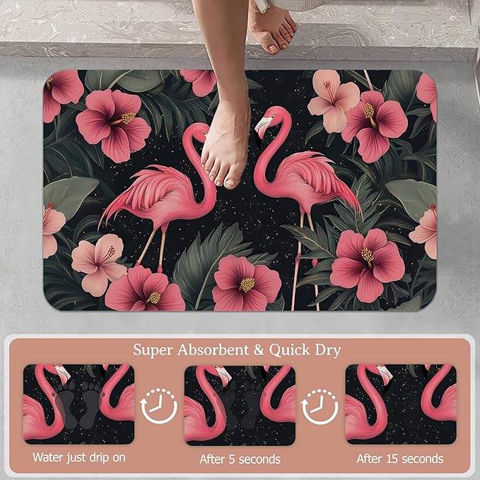 Bath Mat,Pink Flamingos Bathroom Rugs,Quick-Drying Non-Slip Rubber Bath Mats Hibiscus Flowers Absorbent Diatomaceous Earth Mat for Bathroom Home Decor 17"x29.5"