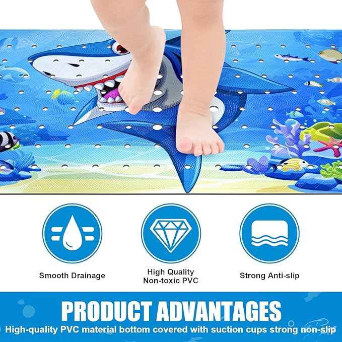 Vanleonet Baby Bath Mat for Tub for Kids, 40''x16'' Bathtub Mat Non Slip, Toddler Shower Mat Non-Slip for Tub with Suction Cups & Drain Holes, Machine Washable, Shark