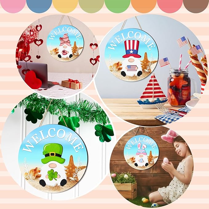 Seasonal Gnome Wall Decor Set, 11.8 inch Autumn Wooden Round Sign with Interchangeable Holiday Hats, Welcome Door Hanging (Blue-3)