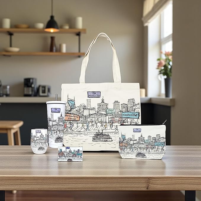 Cities Around the World Artwork Cosmetic Bag Series – Designed in USA, Travel Makeup Bag with Zipper, Souvenir Gift for Women, Artwork Organizer for Purse or Toiletry (Nashville)