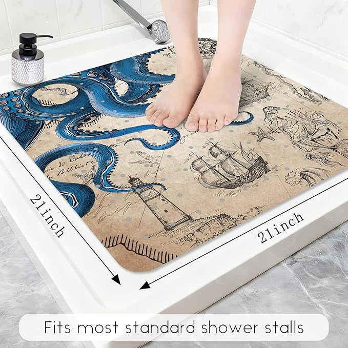 Bathtub Mat Non Slip, Octopus Square Bath tub Mat Shower Floor Mat with Suction Cups for Adults Kids Elderly 21 X 21 Inch