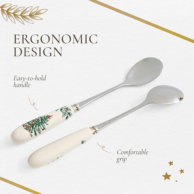 Spode Christmas Tree Teaspoons – Set of 6, Holiday Silverware for Desserts & Beverages, Stainless Steel Flatware with Porcelain Handles, 6-Inch Festive Dessert Spoons, Gift-Boxed