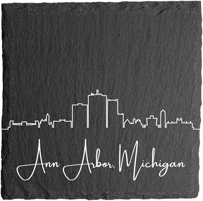 Blue Ridge Mountain Gifts - Ann Arbor MI Skyline Coasters, Set of 4 - Ann Arbor Michigan Souvenir, Slate Coasters with Minimalist Skyline, Housewarming Gift for Friends, Family, & Neighbors