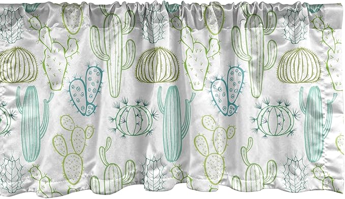 Ambesonne Cactus Window Valance, Prickle Plants Botanical Hand Drawn Like of Cacti Outline Drawings, Curtain Valance for Kitchen Bedroom Decor with Rod Pocket, 54" X 12", Dark Seafoam and Pale Green