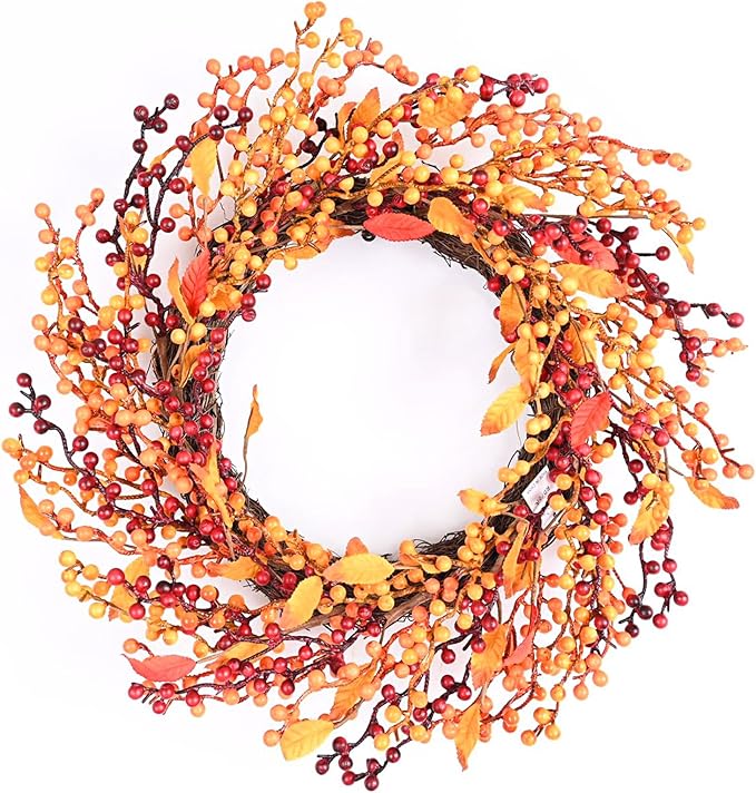 24 Inch Fall Front Foor Wreath, Orange Berries Leaves Grapevine Wreath for Farmhouse Window Hanging Home Decor