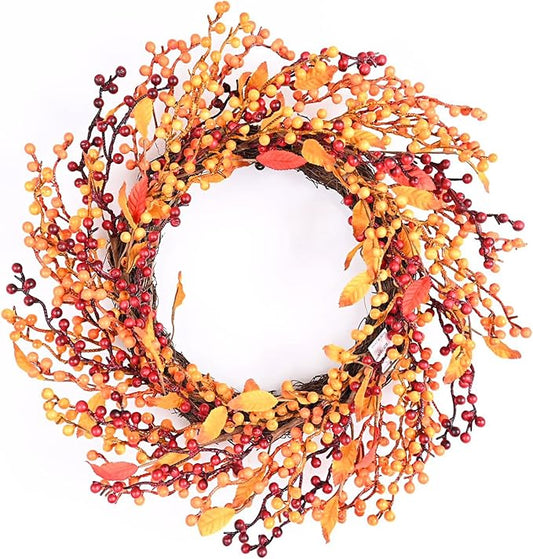 24 Inch Fall Front Foor Wreath, Orange Berries Leaves Grapevine Wreath for Farmhouse Window Hanging Home Decor