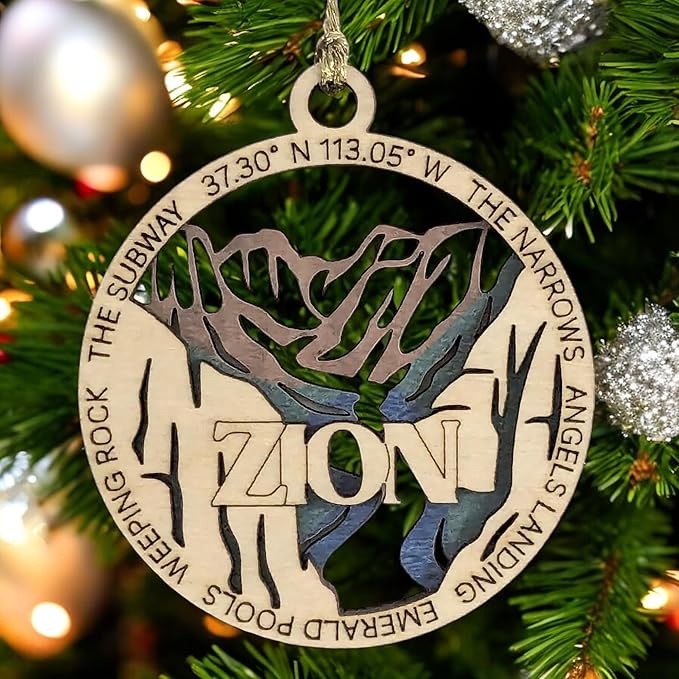 Zion National Park Natural Wood Ornament - 3" Laser Cut, 2 Layer Design, Handmade USA, Christmas Tree Decor, Scenic Landscape Souvenir