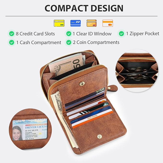 Genuine Small Wallet for Women, Slim RFID Blocking Credit Card Holder with ID Window, Compact Purses for Women with 17 Card Slots