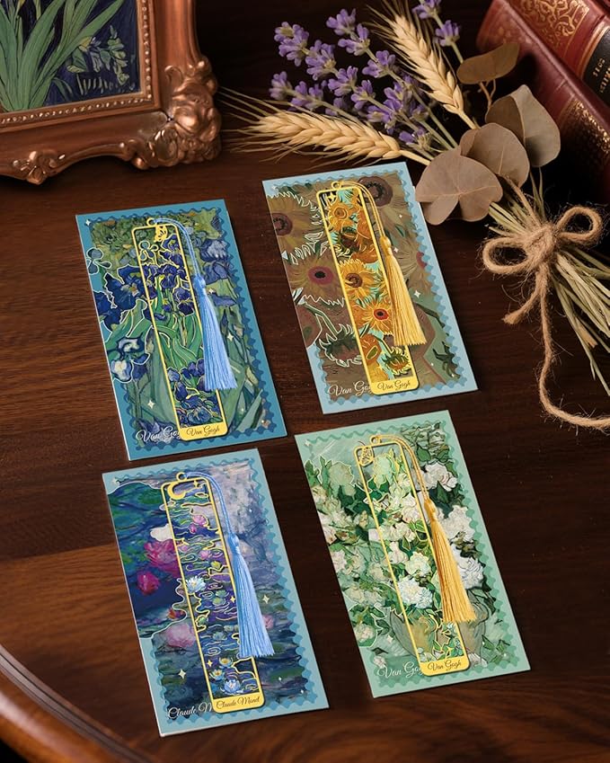4 Pieces Metal Bookmarks with Tassel, Golden Hollow Bookmark Oil Painting Van Gogh Monet Theme Book Mark Bookmarks for Book Lovers Writers Readers Children Teens Men Women Adults