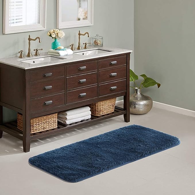 Suchtale Large Navy Shaggy Bathroom Mat (24 x 60) - Extra Soft Machine Washable Microfiber Non Slip Mat With Rubber Back