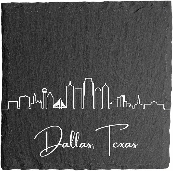 Blue Ridge Mountain Gifts - Dallas TX Skyline Coasters, Set of 4 - Dallas Texas Souvenir, Slate Coasters with Minimalist Skyline, Housewarming Gift for Friends, Family, & Neighbors