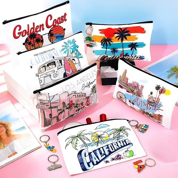 Landical 6 Sets California Souvenir Gifts Include 6 Pcs California Cosmetic Bag and 6 Pcs Metal Keychain for Women Traveler Christmas Party Gifts
