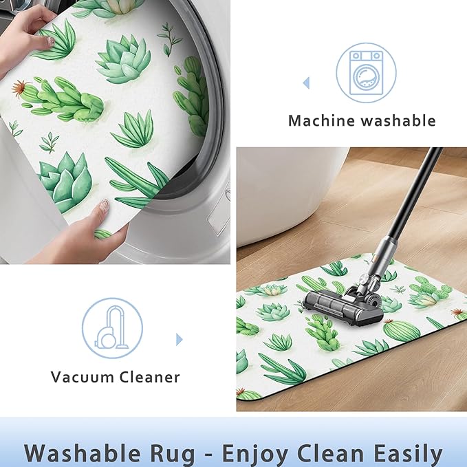 Cactus Succulent Bathroom Mat, Non-Slip Rubber Backing Thin Low-Profile Bath Rug, Easy-Clean Bathroom Floor Mat for Shower, Bathtub, Kitchen, or Entryway