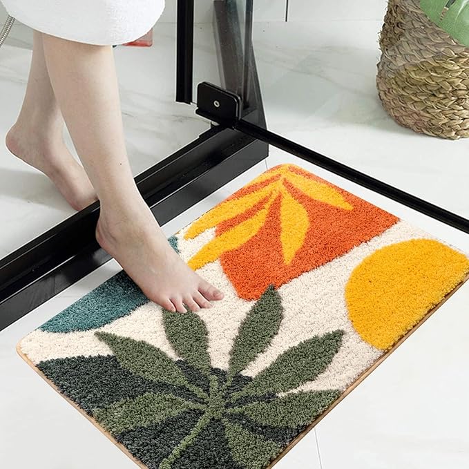 Uphome Bathroom Rugs Colorful Abstract Leaves Bath Mat Non Slip Water Absorbent Boho Bath Rug Soft Microfiber Machine Washable Floor Mats for Tub Bathroom Indoor Doormat,18"x26"