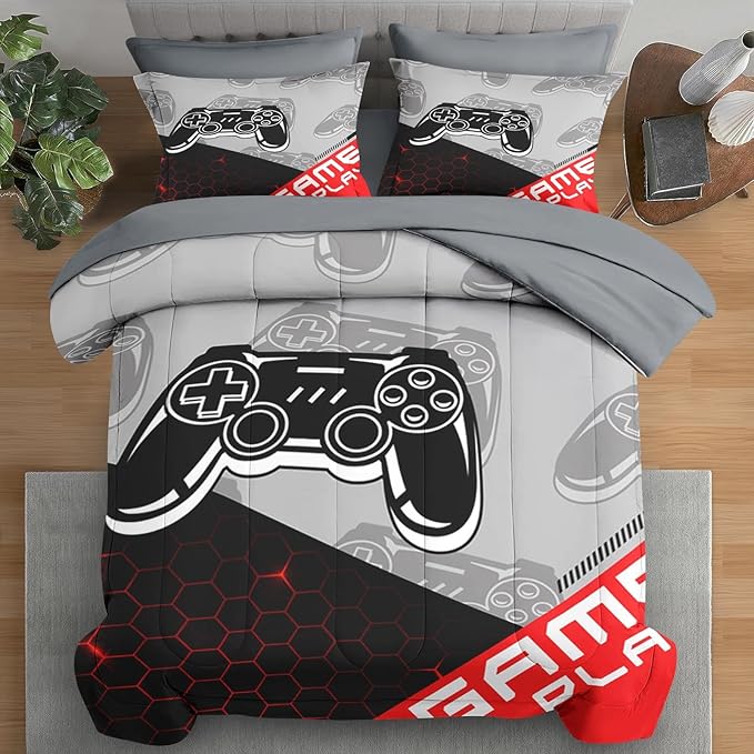Comforter Set Twin Size, Boys Play Game Gamepad 5 Pcs Bedding for Kids and Adults, Video Gaming Sport Bed Sheet Sets with Fitted Sheet Pillowcase & Sham for Bedroom Bed Decor