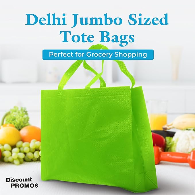 DISCOUNT PROMOS Jumbo Sized Tote Bags Set of 10, Bulk Pack - Reusable Grocery Bags, Shopping Bags, Promotional Item Totes for Women - Lime Green