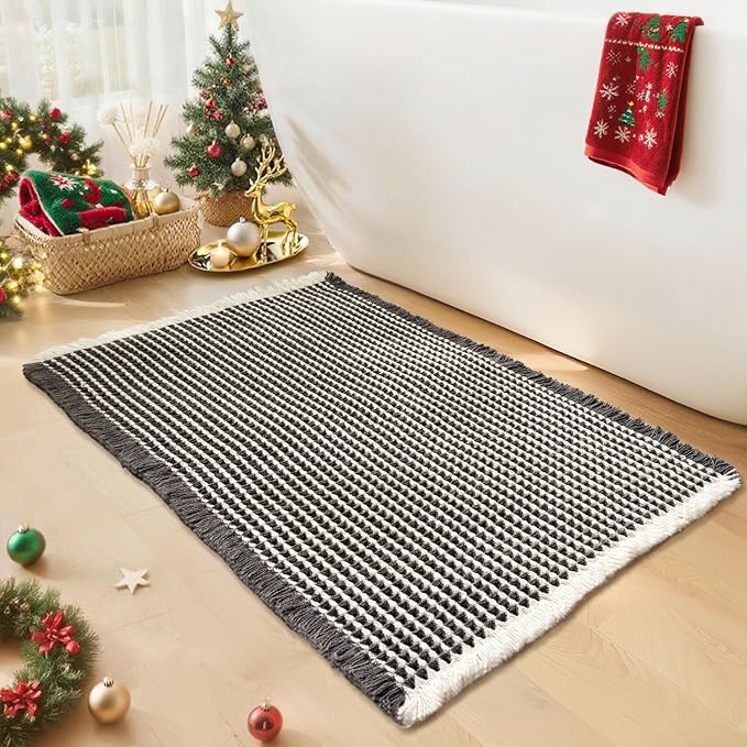 Waffle Bath Mat - Boho Bathroom Rugs Non Slip Washable, Super Absorbent & Quick Dry, Soft Bath Mat Farmhouse Bathroom Decor, 24'' x 36'', Dark Grey and White