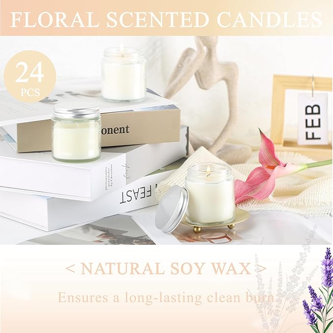 ACITHGL 24 Pcs 4oz Mini Mason Jar Candles Small Lavender Scented Candles Bulk Aromatherapy Ideal Souvenir Favors for Wedding Birthday Party (Silver, 24)