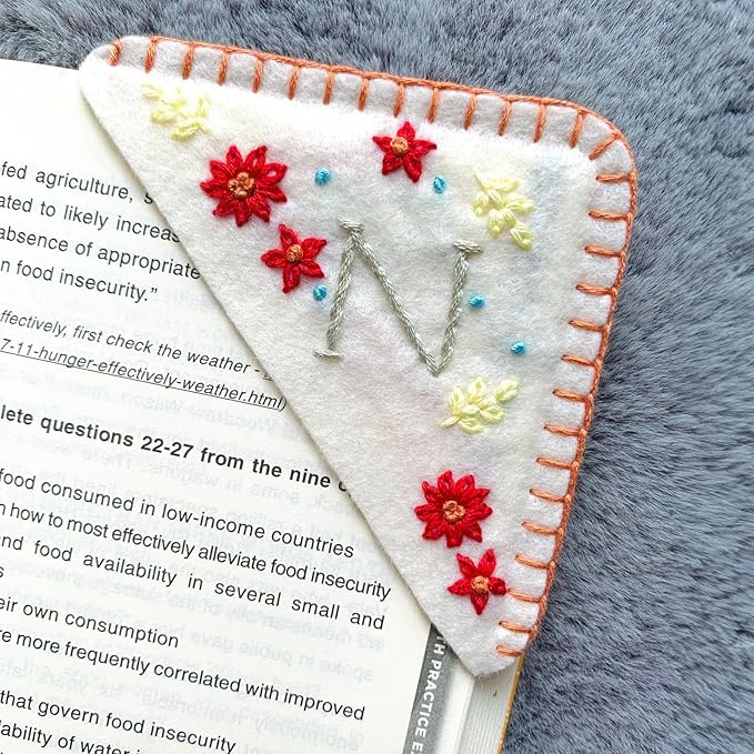 Personalized Hand Embroidered Corner Bookmark, Cute Flower Book Mark, Hand Stitch Gift for Women Book Lovers by HNQCPCVU (N, White)