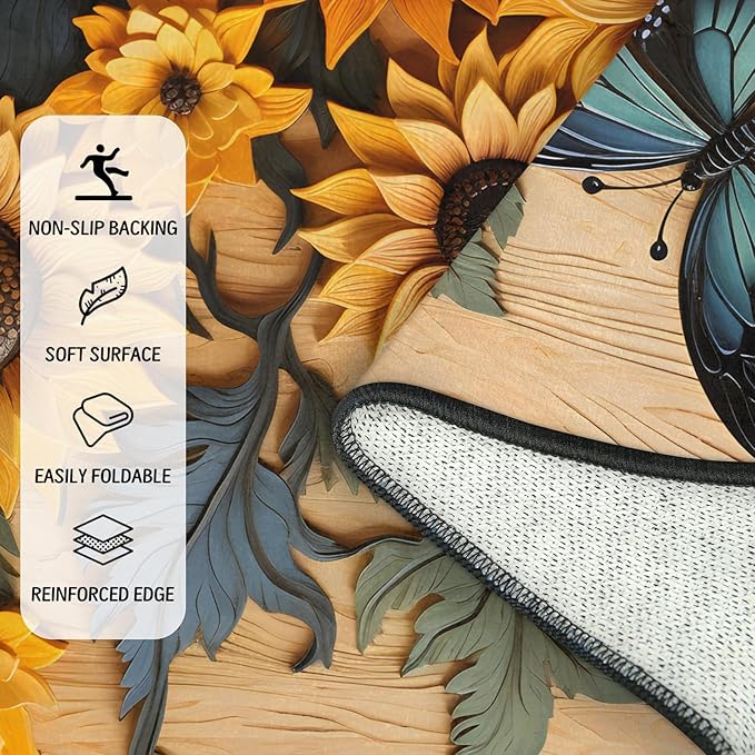 Retro Sunflower Half Round Door Mat Butterfly Non Slip Bath Mats Absorbent Front Porch Rugs Shower Mat for Living Room Bedroom Kitchen Bathroom Floor Home Decor