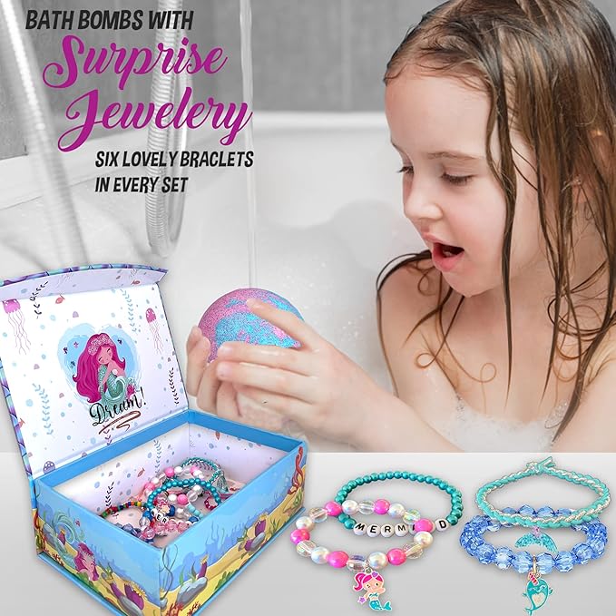 Bath Bombs for Kids with Surprise Inside, Mermaid Bath Bombs for Girls with Jewelry & Jewelry Box for Kids Organic, Skin Moisturizing, Natural Bubble, Birthday Gifts for Boys, Girls