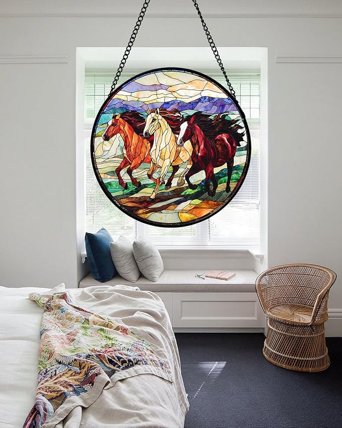 Stained Glass Window Hanging, Galloping Horses Sun Catcher for Door Home Decor Colorful Suncatcher Christmas Mother's Day Birthday Gifts for Women Men Mom and Nana 6.3 in