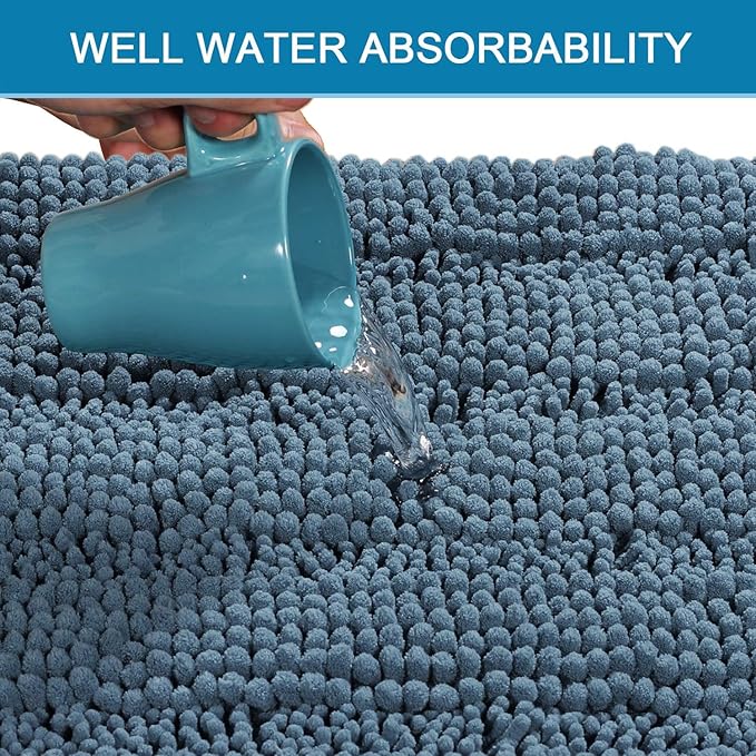 H.VERSAILTEX Bath Mats for Bathroom Non Slip Extra Thick Chenille Striped Bath Rug 24" x 36" Absorbent Non Skid Fluffy Soft Shaggy Rugs Washable Plush Mats for Indoor, Bath Room, Tub - Stone Blue