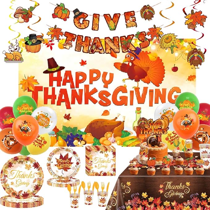 Thanksgiving Themed Party Decorations, Give Thanks Banner, Turkey Maple Leaf Backdrop And Tablecloth, Cake Topper, Latex Balloons, Hanging Swirls, Tableware Set for Party Supplies (Thanksgiving)