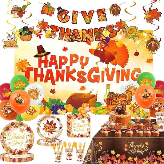 Thanksgiving Themed Party Decorations, Give Thanks Banner, Turkey Maple Leaf Backdrop And Tablecloth, Cake Topper, Latex Balloons, Hanging Swirls, Tableware Set for Party Supplies (Thanksgiving)