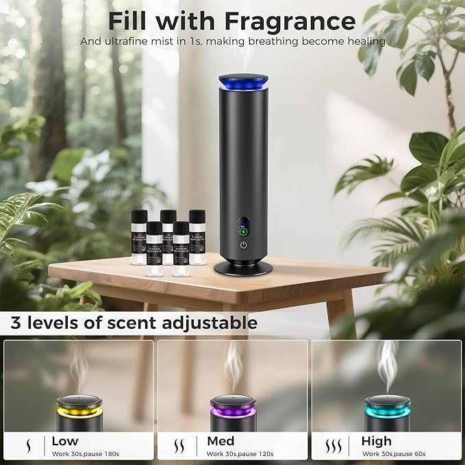 Hotel Scent Diffuser Starter Kit - 1000 Square Feet, 7 Ambient Light Settings, Includes 5 Essential Oils for Hotel Aromatherapy, Hotel Scent Diffuser,for Hotels, Homes, and Large Rooms, Black
