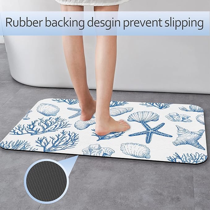 Vintage Starfish Bathroom Rug 29.5"x17", Shells Quick-Drying Super Absorbent Diatomite Bath Mat with Non-Slip Backing, Thin Washable Bathroom Floor Mat Fits Under Door for Shower, Sink, or Tub