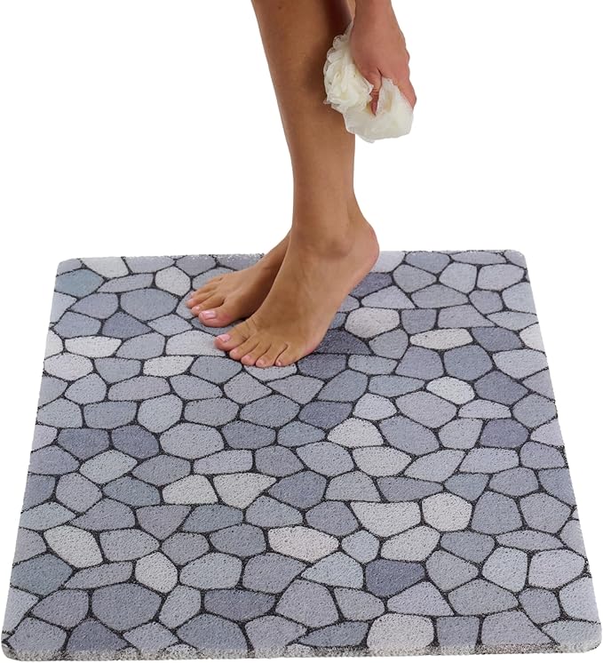 Enkosi Loofah Non-Slip Shower Mat - Shower Floors, Bathtub, Bathrooms, Wet Areas - Cushioned Bath Mat with Drain Holes - Quick Dry PVC, Secure Safety Pad Without Suction Cups (32x24 Pebble Blue)