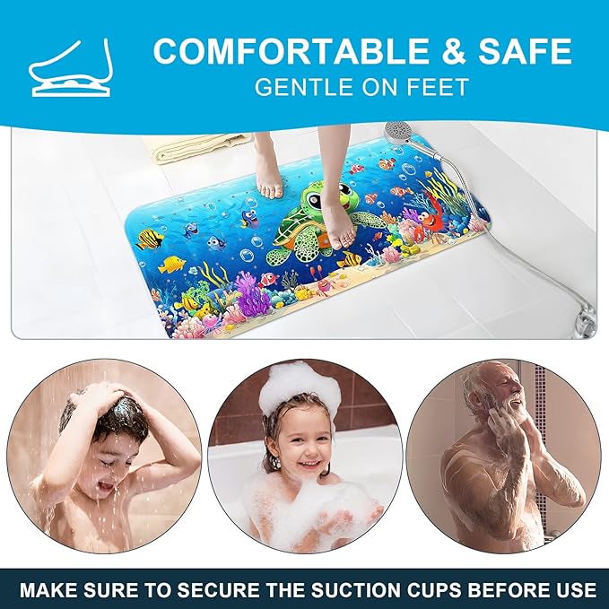 XIYUNTE Baby Bath Mat for Tub Non Slip Kids Bath Mat - 40''x16'' Extra Long Cartoon Turtle Baby Bath Tub Mat Eco-Friendly Toddler Bath Mats with Suction Cups & Drain Holes, Easy to Clean & Easy Drying