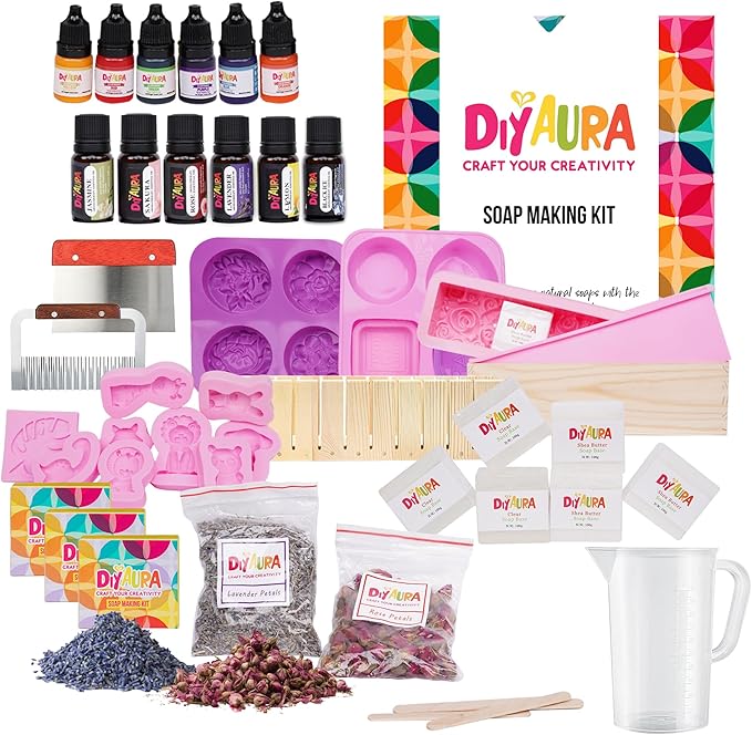 Diyaura Soap Making Kit for Adults & Kids – DIY Animal-Themed Craft with Shea Butter Soap & Glycerin Base, Molds, Scents, Dyes & Tools – Beginner-Friendly Creative Family Activity & Gift