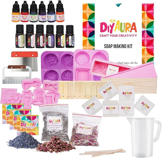 Diyaura Soap Making Kit for Adults & Kids – DIY Animal-Themed Craft with Shea Butter Soap & Glycerin Base, Molds, Scents, Dyes & Tools – Beginner-Friendly Creative Family Activity & Gift