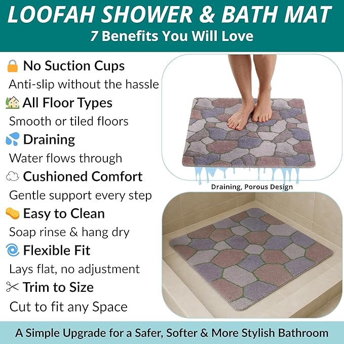 Square Shower Mat - Non Slip Shower Mats for Inside Shower - Extra Large 31x31 Shower Floor Mat Non Slip - Square Bath Mat for Shower - Secure Anti Slip Loofah Shower Bath Mat (31x31 Stone Path)