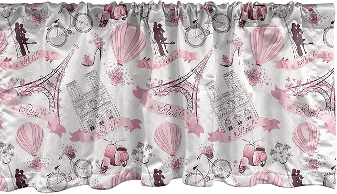Ambesonne Paris Window Valance, Valentines Day Theme with Eiffel Kissing Couple Hot Air Balloon Wedding Concept, Curtain Valance for Kitchen Bedroom Decor with Rod Pocket, 42" x 12", Pink Rose