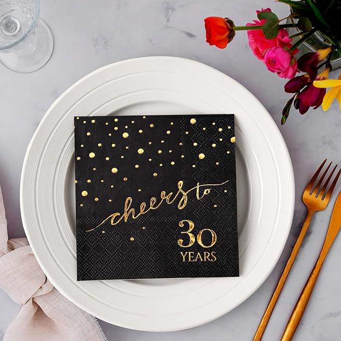 100 Pack of 30th Birthday Napkins, Cheers to 30 Cocktail 5x5 Inches Party Paper Napkins for Birthday Decorations Wedding Anniversary Black and Gold, 3-Ply