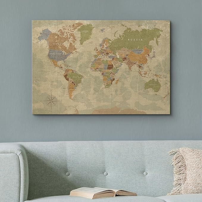 wall26 Canvas Print Wall Art Antique Style Colorful Political World Map Digital Art Modern Art Traditional Colorful for Living Room, Bedroom, Office - 32"x48"