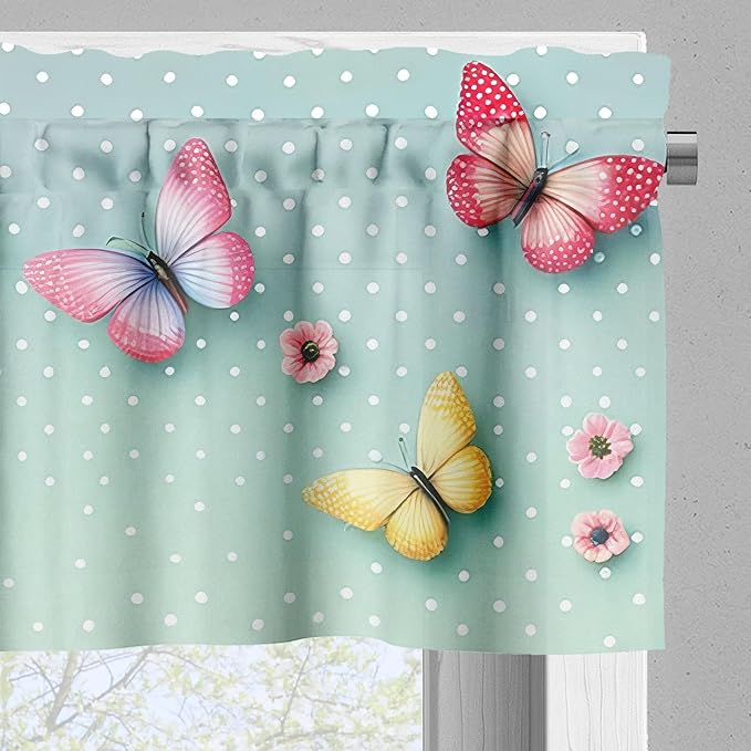Ambesonne Spring Valance & Tier Curtain 3 pcs Set, Colorful Tulip Garden and Flying Butterflies with Vintage Polka Dots, Window Treatments for Kitchen Room Decor, 55" x 36", Mint Green and Multicolor