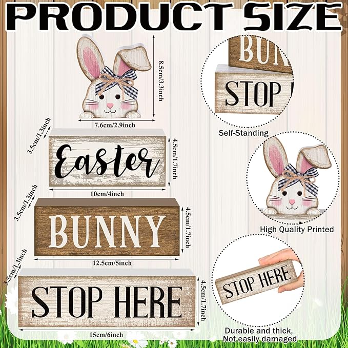 4 Pcs Easter Table Decoration Wooden Rabbit Easter Tiered Tray Decor Cute Bunny Centerpiece Rustic Wooden Bunny Block Sign Farmhouse Holy Week Party Decoration for Home Kitchen Shelf