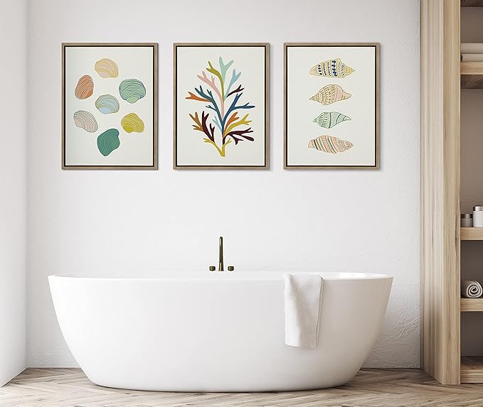 Kate and Laurel x Alicia Schultz Collaboration Ocean Treasures Framed Linen Textured Canvas Wall Art, 18x24 Gold, Decorative Coastal Shell Art for Wall