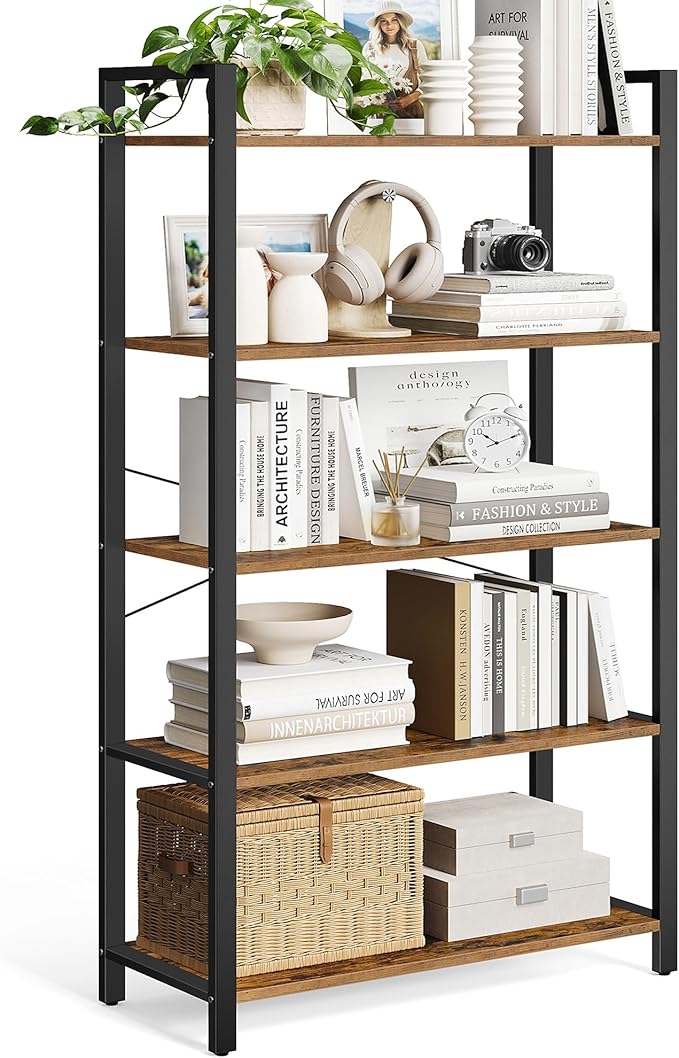 VASAGLE 5-Tier Bookshelf, Bookcase with Steel Frame, Book Shelf for Living Room, Home Office, Study, 11.8 x 31.5 x 60.2 Inches, Industrial Style, Rustic Brown and Ink Black ULLS081B01