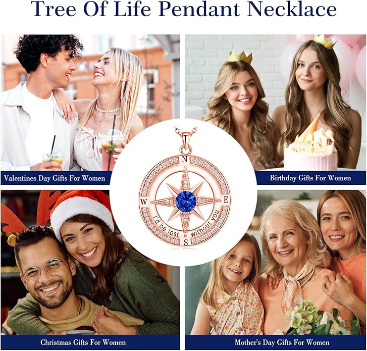 S925 Necklace Birthstone Compass Gift for Women Jewelry Sterling Silver Necklace for Wife Wedding Anniversary Girlfriend Birthday Gifts for Her Valentines Day Mom Mothers Day