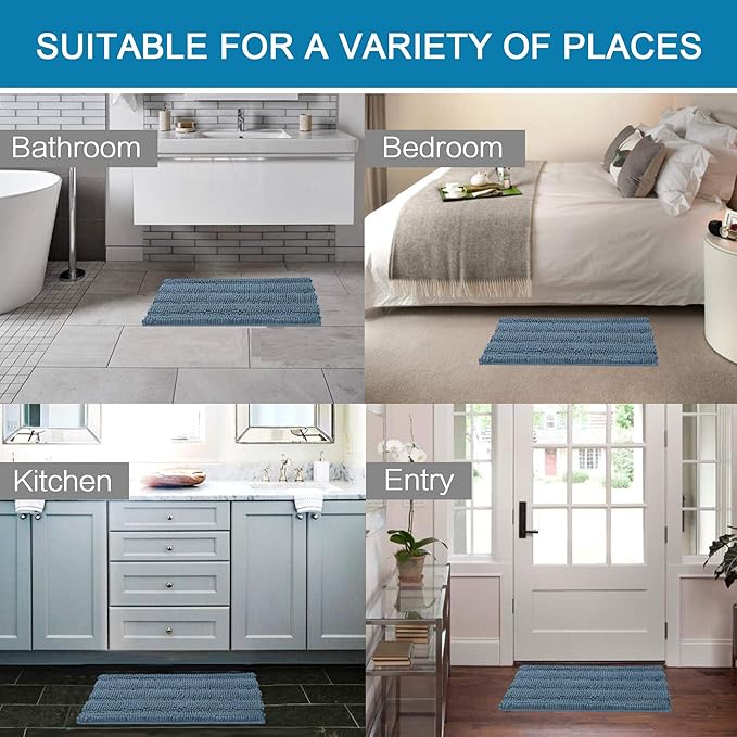 H.VERSAILTEX Bath Mats for Bathroom Non Slip Extra Thick Chenille Striped Bath Rug 24" x 36" Absorbent Non Skid Fluffy Soft Shaggy Rugs Washable Plush Mats for Indoor, Bath Room, Tub - Stone Blue