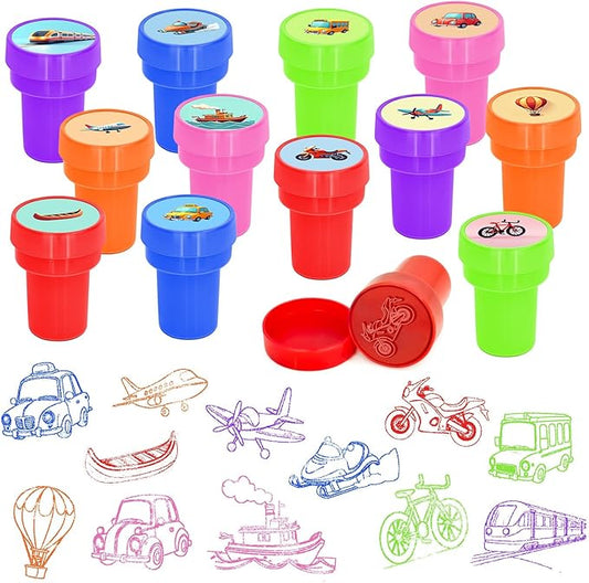 Cinrobiye 24 Pcs Transportation Stampers, Traffic Vehicle Stamp Set with Trucks Planes Trains Fire Trucks Police Cars for Birthday Party Favors Classroom Rewards Goodie Bags Fillers Pinata
